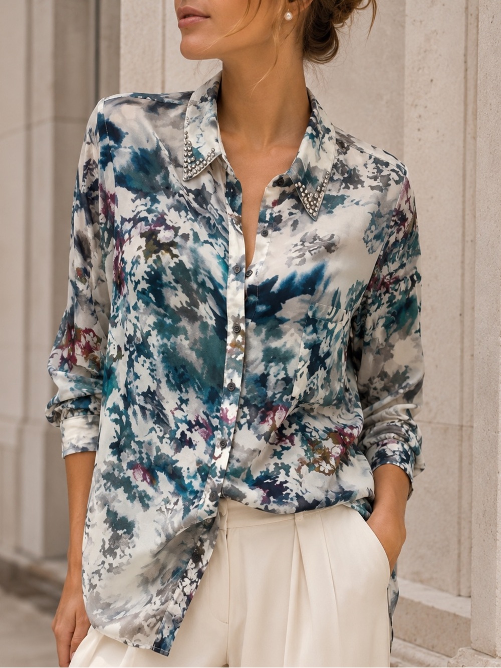 Bellatrix Watercolor Floral Embellished Collar Sheer Button Front Blouse Medium
